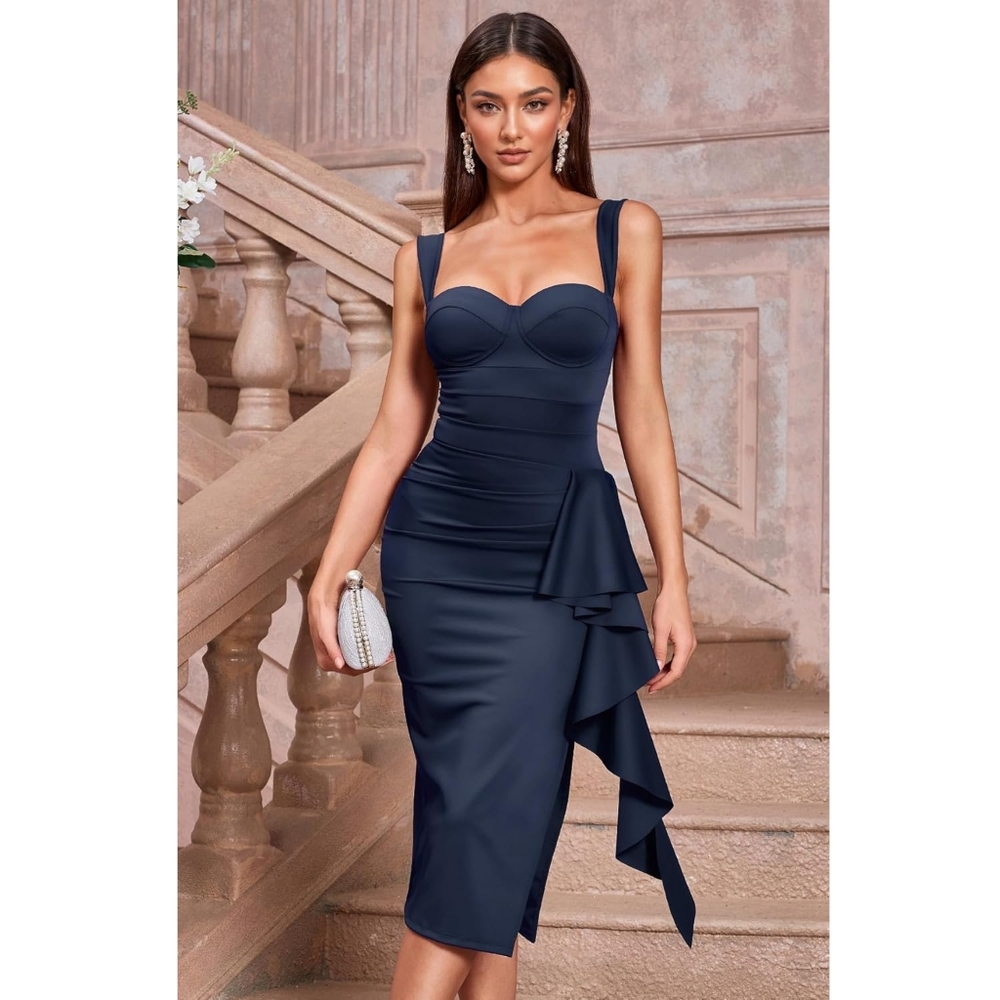 Elegant Navy Blue Women's Dress, Ruched Sleeveless Evening Wedding Guest